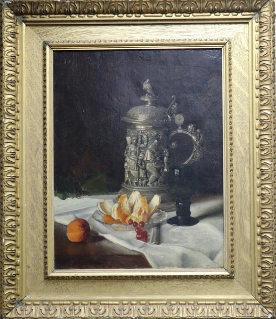 Robl, oil on canvas, Still life of a silver stein, a wine glass, orange and currants, signed and dated 1875, 49 x 38cm